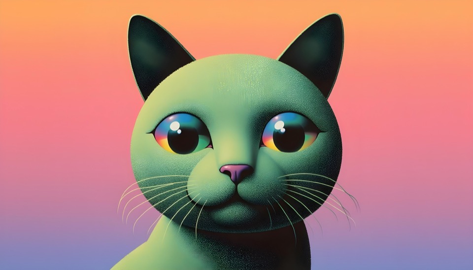 虹色の目をした緑色の猫